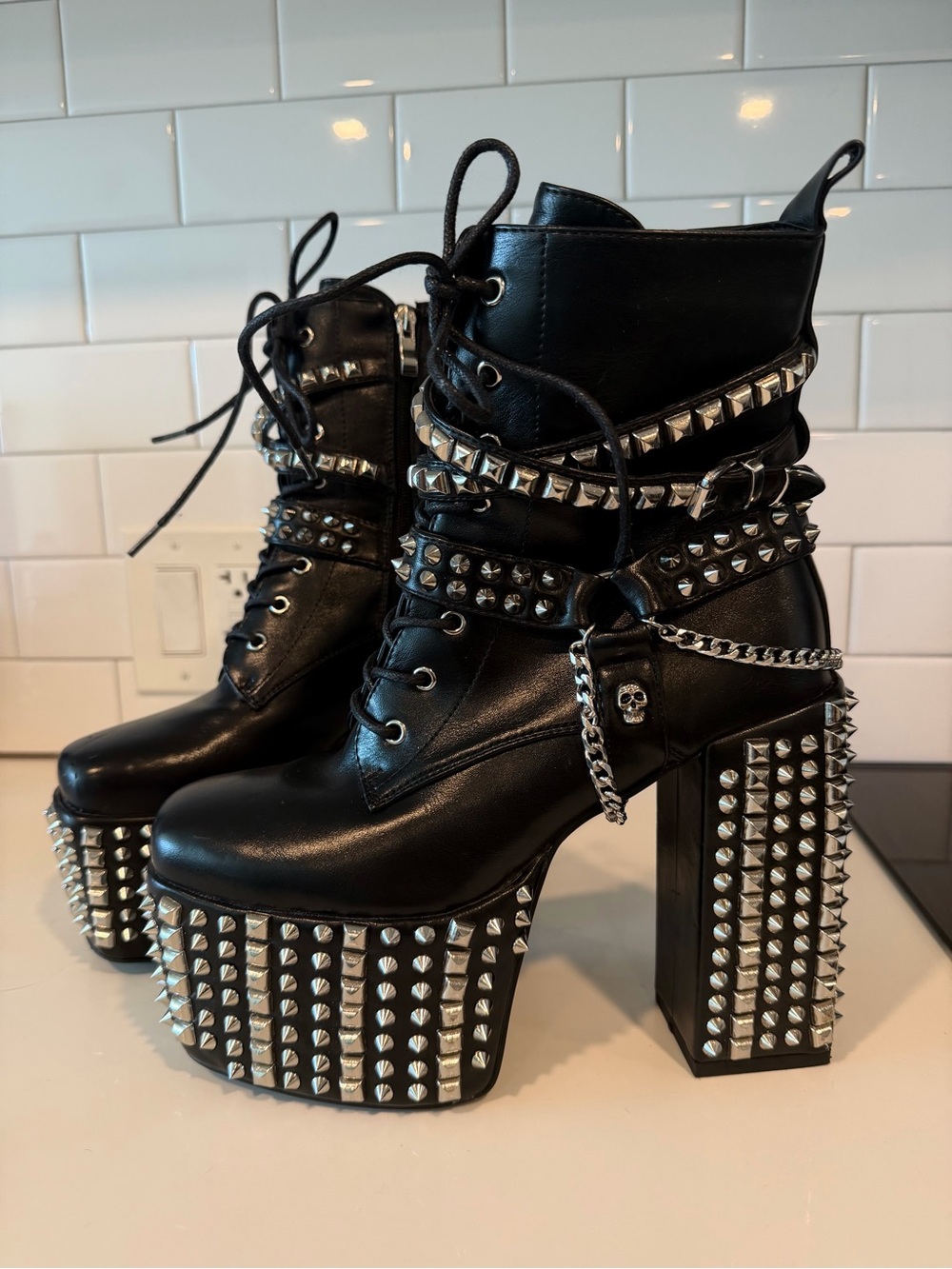 Azalea Wang Needy Platform Boots - Black Studded Platform Lace-Up Boots